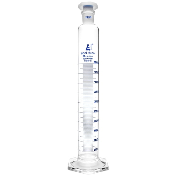 Measuring Cylinder, 500ml - Class B - Interchangeable 24/23 Polypropylene Stopper - Sub. Div.: 5.0ml, Tolerance: 5.00ml - Hexagonal Base, Blue Graduations - Borosilicate Glass - Eisco Labs