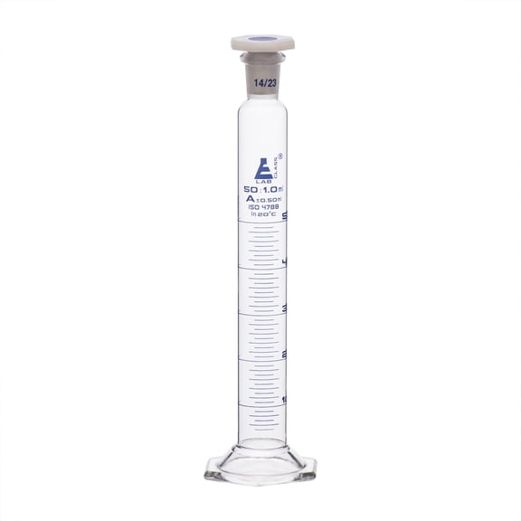 Measuring Cylinder, 50mL - Class A - 14/23 Polypropylene Stopper - Hexagonal Base, Blue Graduations - Borosilicate Glass - Eisco Labs