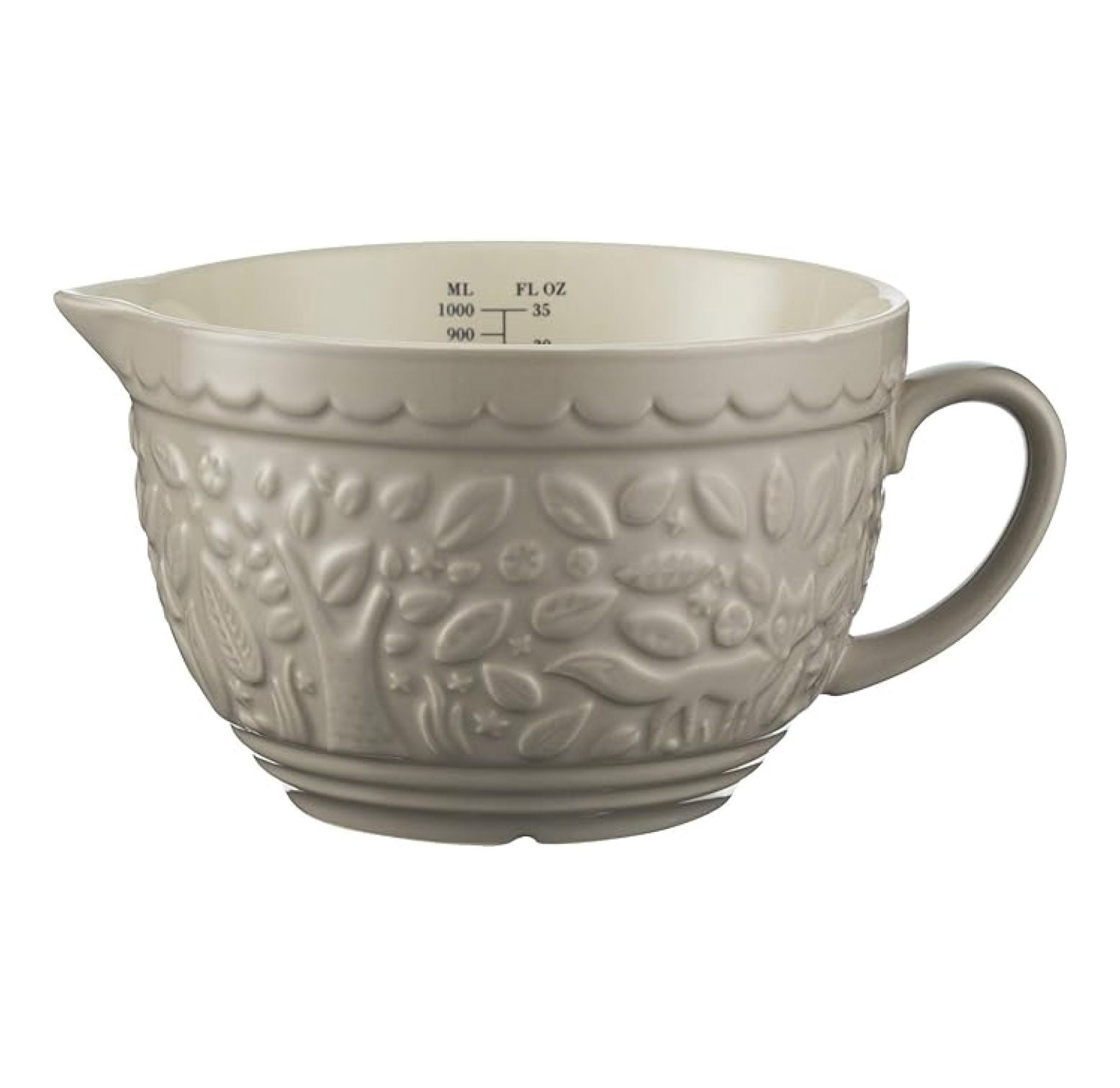 Measuring Jug 1 Quart - In The Forest Collection Stoneware Pitcher - 34oz Embossed Fox Design - Kitchen Measuring Cup for Baking, Cooking, & Liquid - Dishwasher Safe