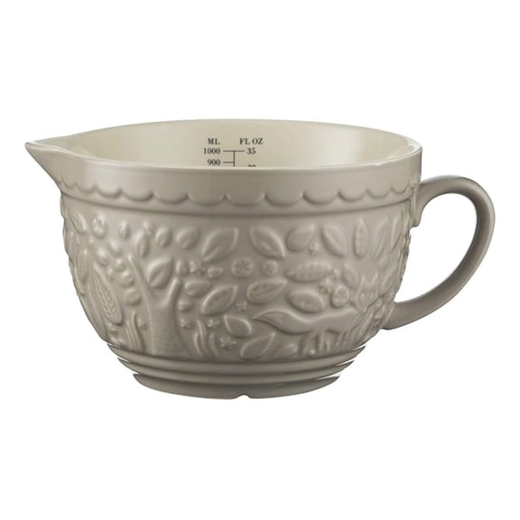 Measuring Jug 1 Quart - In The Forest Collection Stoneware Pitcher - 34oz Embossed Fox Design - Kitchen Measuring Cup for Baking, Cooking, & Liquid - Dishwasher Safe