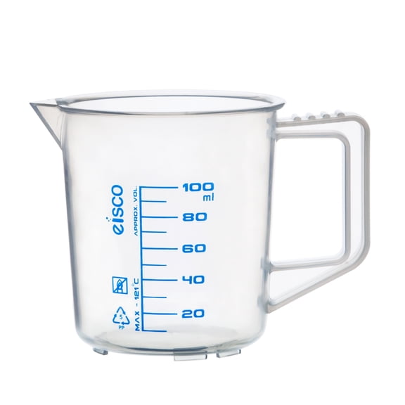 Measuring Jug, 100ml - Polypropylene - Screen Printed Graduations, Spout & Handle for Easy Pouring - Excellent Optical Clarity - Eisco Labs