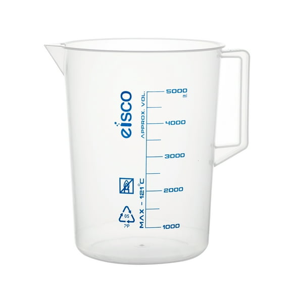 Measuring Jug, 5000mL - Polypropylene - Screen Printed Graduations, Spout & Handle for Easy Pouring - Excellent Optical Clarity - Eisco Labs