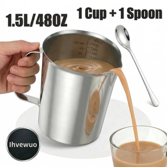 Ihvewuo Stainless Steel Measuring Cup Metal Measuring Cup with Handle and Pour Lip (2Marking Including ML/Ounce Scale) Include a Stirring Spoon 48 Ounces (6Cup 1500 ML)