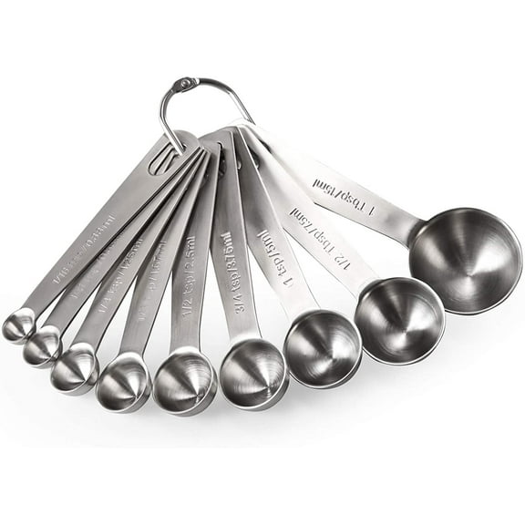 Measuring Spoons: 18/8 Stainless Steel Measuring Spoons Set of 9 Piece: 1/16 tsp, 1/8 tsp, 1/4 tsp, 1/3 tsp, 1/2 tsp, 3/4 tsp, 1 tsp, 1/2 tbsp & 1 tbsp Dry and Liquid Ingredients