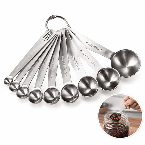 Artrylin Measuring Spoons: 18/8 Stainless Steel Measuring Spoons Set of 9 Piece: 1/16 Tsp, 1/8 Tsp, 1/4 Tsp, 1/3 Tsp, 1/2 Tsp, 3/4 Tsp, 1 Tsp, 1/2 Tbsp & 1 Tbsp Dry and Liquid Ingredients,Silver