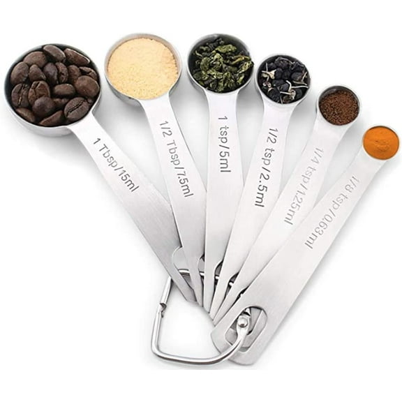 Measuring Spoons, 18/8 Stainless Steel Measuring Spoons, Set of 6 Spoons with Measurements for Dry and Liquid Ingredients, Silver