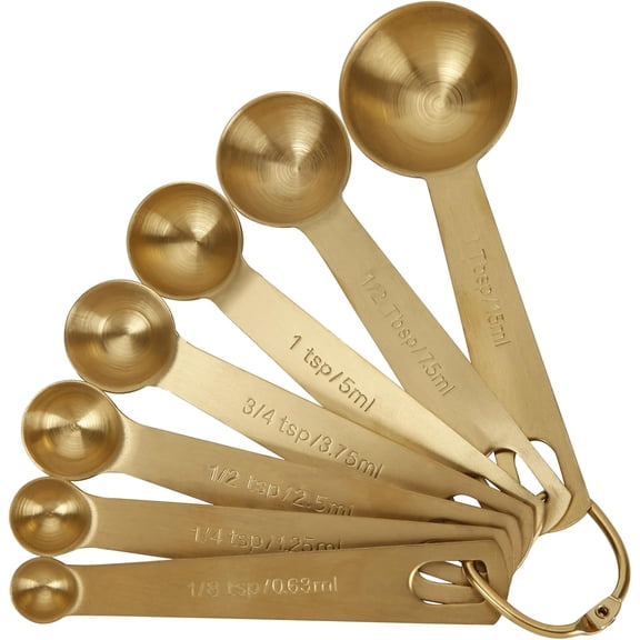 Measuring Spoons,304 Stainless Steel Cups & Spoon Set of 7 Piece:1Tbsp&1/2Tbsp,1tsp,3/4tsp,1/2tsp,1/4tsp,1/8tsp Teaspoon Coffee Scoop Tablespoon for Dry and Liquid Ingredients,Gold