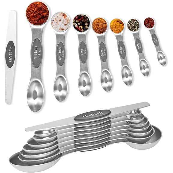 Measuring Spoons, Magnetic Measuring Spoons Set of 8 Stainless Steel Dual Sided Teaspoon and Tablespoon Stackable with Leveler Fits in Different Spice Jars for Dry and Liquid Ingredients (X1)