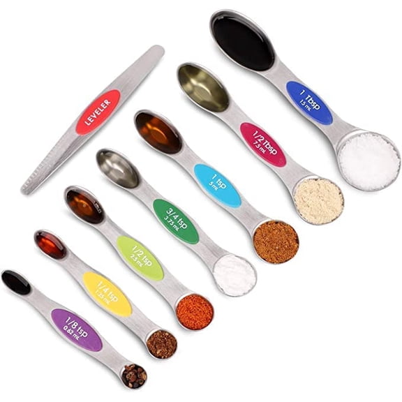 Measuring Spoons, Magnetic Measuring Spoons Set of 8 Stainless Steel Dual Sided Teaspoon and Tablespoon Stackable with Leveler Fits in Different Spice Jars for Dry and Liquid Ingredients