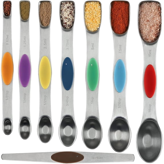 Measuring Spoons Set of 8 Dual Sided Stainless Steel Measuring Spoons Long Handle Stackable Teaspoon Tablespoon for Measuring Dry and Liquid Ingredients