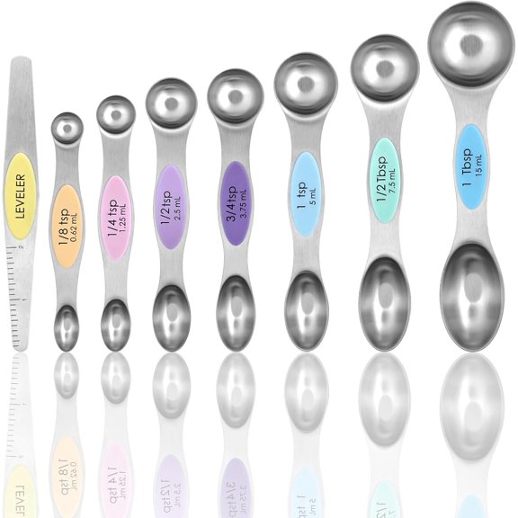 Measuring Spoons Set of 8 with Leveler, Stainless Steel Metal Measuring Spoon, Dual Sided for Measuring Dry and Liquid Ingredients, Teaspoon Tablespoon Measure Spoons (Multicolor)