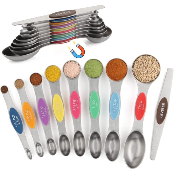 Measuring Spoons Set of 9 Dual Sided Stainless Steel Measuring Spoons Stackable Nesting Tablespoon Teaspoon, Fits in  Jars, for Dry or Liquid Ingredients