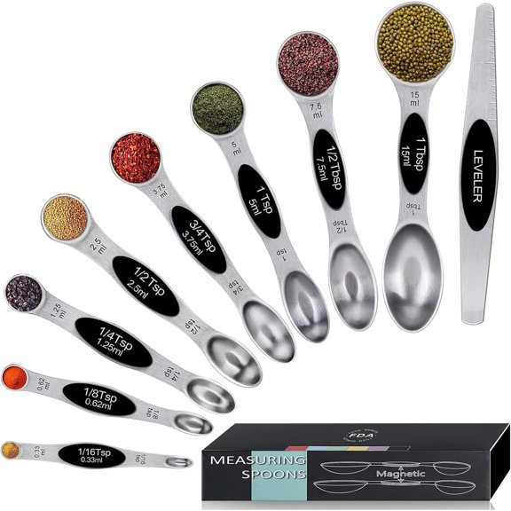 Measuring Spoons Set,Heavy Duty Stainless Steel, Sided Stackable Measuring Spoons Nesting Teaspoons Tablespoons for Measuring Dry and Liquid Ingredients,Set of 9 (Black)