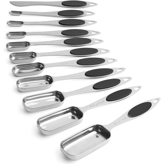 Measuring Spoons Set of 11 with Leveler, Measuring Spoons Stainless Steel Rectangular Metal Teaspoon for Dry & Liquid Ingredients (Black)