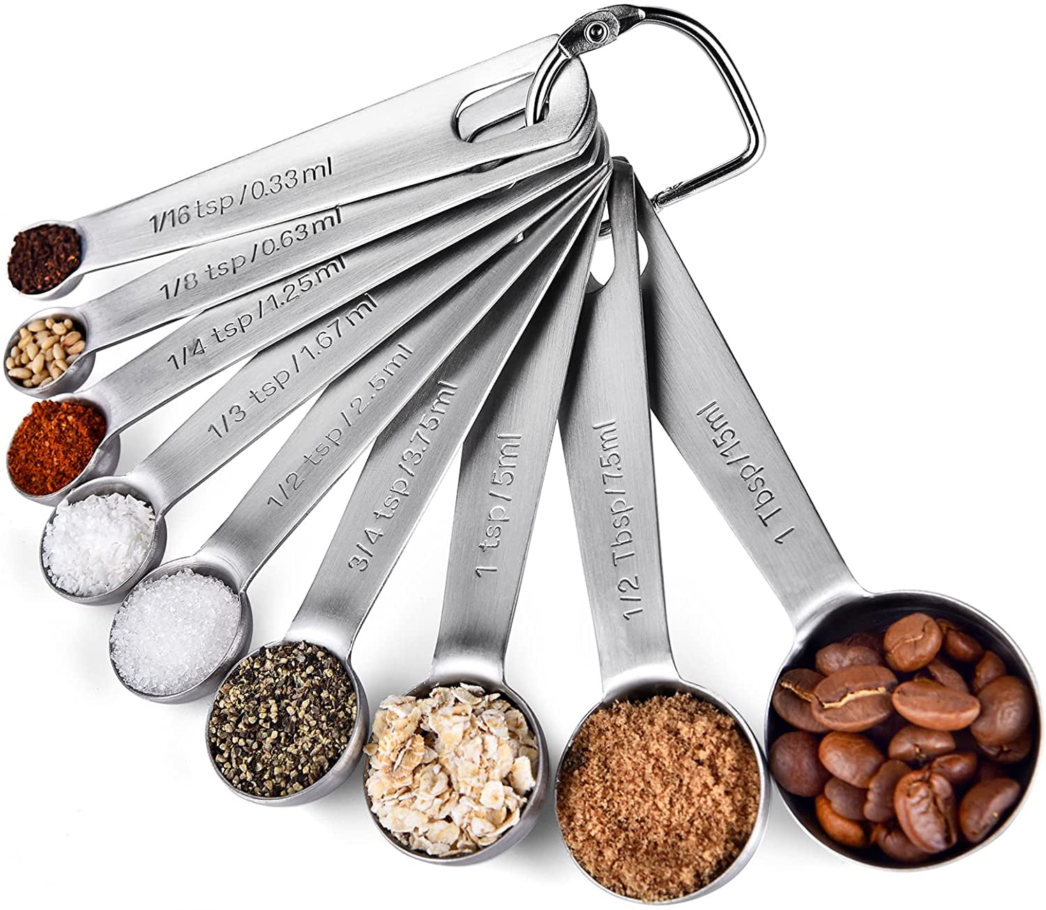 Measuring Spoons: U-Taste 18/8 Stainless Steel Measuring Spoons Set of 9 Piece: 1/16 TSP, 1/8 TSP, 1/4 TSP, 1/3 TSP, 1/2 TSP, 3/4 TSP, 1 TSP, 1/2 tbsp & 1 tbsp Dry and Liquid Ingredients