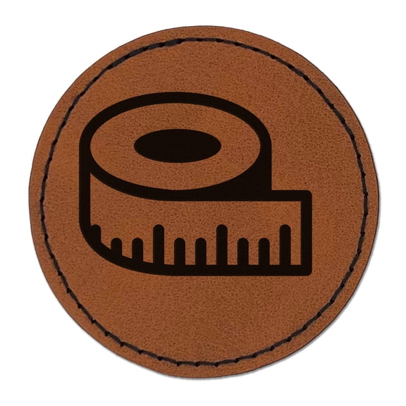 Measuring Tape Sewing 2.5" Faux Leather Round Engraved Iron-On Patch - Brown