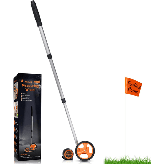 Measuring Wheel with 20pc Marking Flags, Scalable to Length 40in, 4-inch Measure Wheel, Distance Measuring in Feet and Inches, One Key to Reset, Rolling Up To 10,000Ft, Includes Tape Measure.
