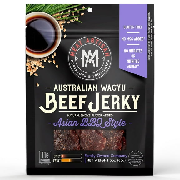 Meat Artisan Beef Jerky - Australian Wagyu Asian BBQ Style - High Protein Snack - Gluten Free No MSG - Premium Gourmet Natural 3oz (85g)