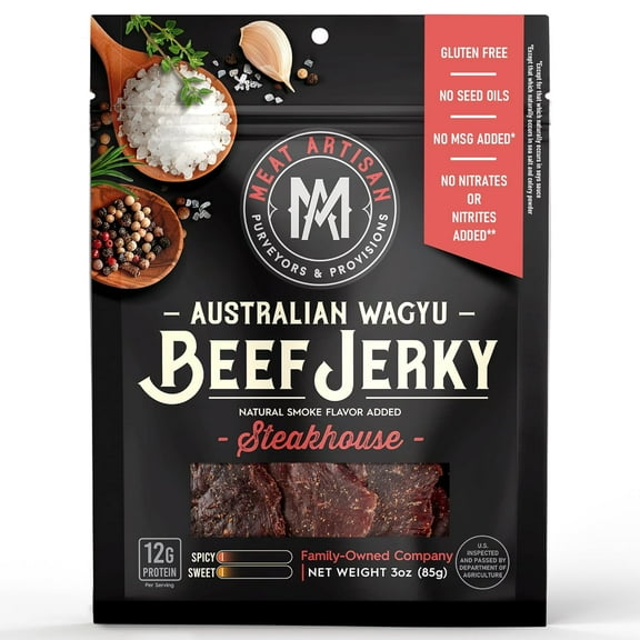 Meat Artisan Beef Jerky - Australian Wagyu Steakhouse - High Protein Snack - Gluten Free No MSG - Premium Gourmet Natural 3oz (85g)