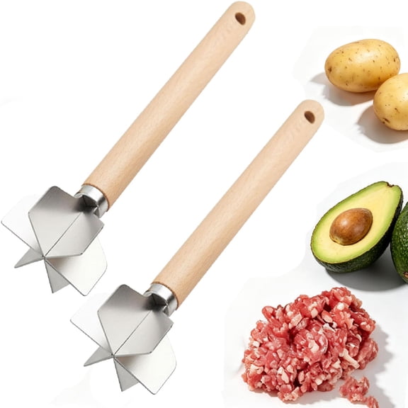 Meat Chopper Masher,Ground Beef Chopper Tool,11 Inch Potato Masher,Stainless Steel 6 Blade Meat Masher with Wooden Handle for Kitchen