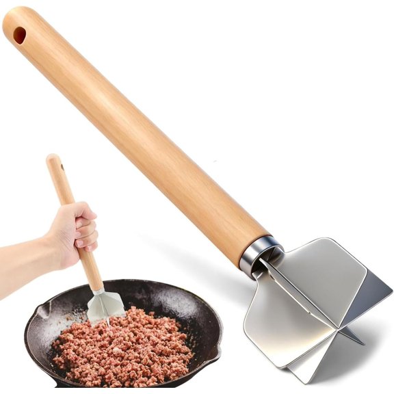 Meat Chopper with Wooden Handle, 304 Stainless Steel 6-Blade Ground Beef Masher, 11 Inch Potato and Fruit Masher,Metal Meat Masher for Kitchen (1)
