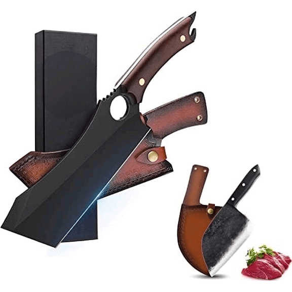 Meat Cleaver, 10 inch Black Meat Cleaver Boning Knife, Chef Chopping Butcher Cooking Knife, High Carbon Steel Sharp Kitchen Viking Knife with Sheath Gift Box Bottle Opener for Outdoor BBQ Camping