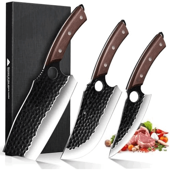 Meat Cleaver Butcher Knife Set of 3, Hand Forged Santoku Knife Kitchen Knives Set, High Carbon Steel Boning Knives for Meat Cutting with Roll Bag & Accessories Kitchen BBQ Gift for Men