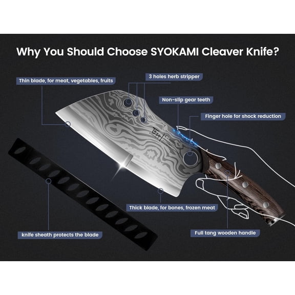 Meat Cleaver Chef Knife with Sheath 7.7 Inch Heavy Duty Bone Cutting Damascus Pattern Full Wood Handle Herb Stripper