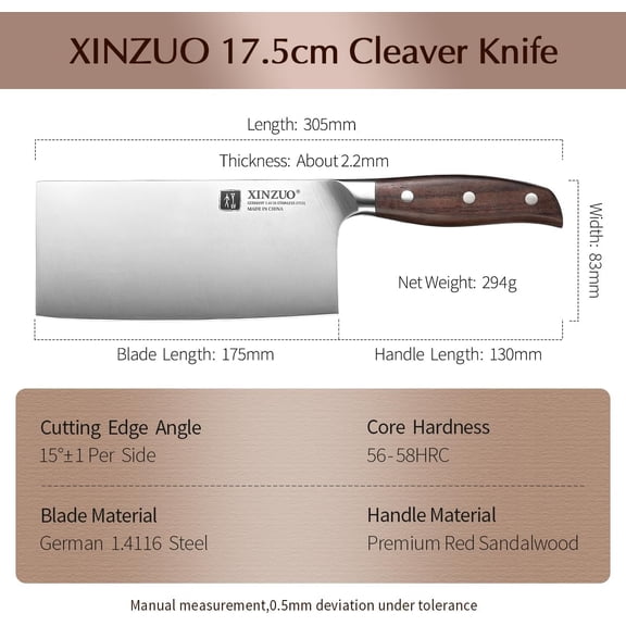 Meat Cleaver Knife, 7 Inches German Stainless Steel Chef Cleaver Knife,Vegetable Meat Cleaver,Multifunction Chopper Butcher Knife, Chef Knife, Ultra , Red Sandalwood Handle
