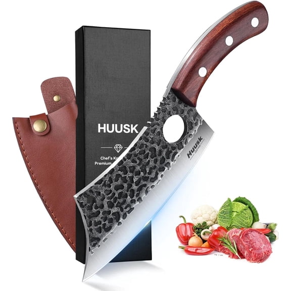 Meat Cleaver Knife, Hand Ford Butcher Knife for Cutting, Full Tang Viking Knives with Sheath, Japanese Chef Outdoor Cooking, Camping, BBQ, Chrisas Gift Man and Women