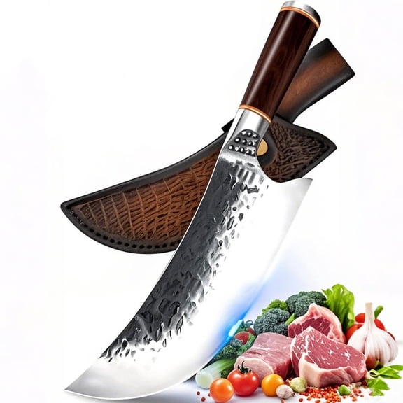 Meat Cleaver Knife Heavy Duty 8-inch Butcher Knife Chopping Bone Cutting Tool for Outdoor Camping BBQ,Wooden Handle and Leather Sheath