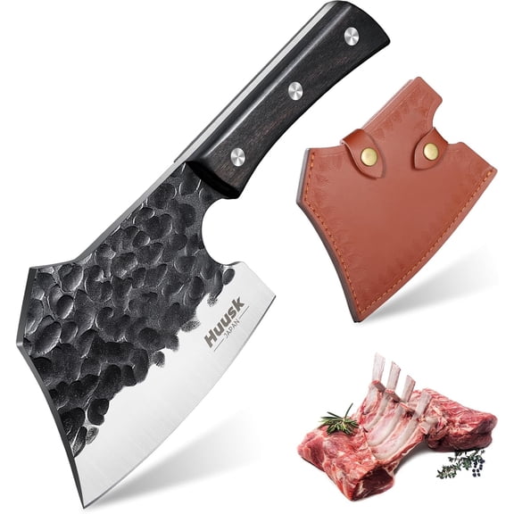Meat Cleaver Knife Heavy Duty Bone Chopper, Hand Ford Kitchen Axe with Sheath, Full Tang Chopping Knife, Japanese Butcher for Cutting, Father Chrisas Gift Idea Men