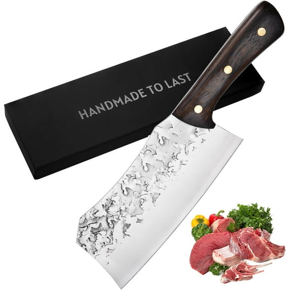 Meat Cleaver Knife Heavy Duty Hand Forged Butcher Knife, High Carbon Steel Knife Chinese Cleaver with Full Tang Handle for Home Kitchen Meat and Bone cutting