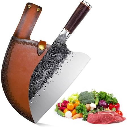 Meat Cleaver Knife Heavy Duty for Bone Chopping, 8inch High Carbon Steel Butcher Cleaver Knife with Blade Guard for Cutting,Dicing and Mincing Meat