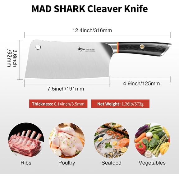 Meat Cleaver, Professional 7.5 Inch Bone Chopping Butcher Knife with Heavy Duty Blade, German Military Grade Composite Steel, Chinese Chef's Bone Cutting Knife for Home Kitchen & Restaurant