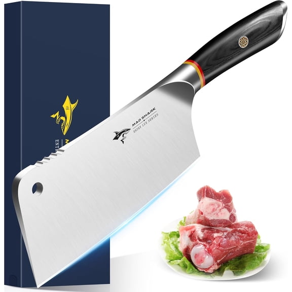 Meat Cleaver, Professional 7.5 Inch Bone Chopping Butcher Knife with Heavy Duty Blade, rman Military Grade Composite Steel, Chinese Chef's Cutting for Home Kitchen & Restaurant