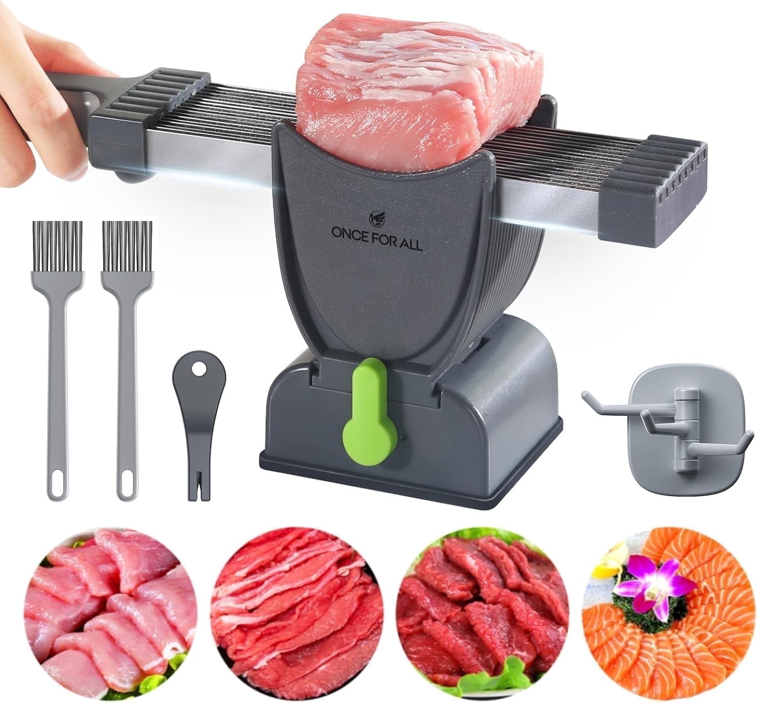 ONCE FOR ALL Meat Cleaver Slicer Knife Set, Stainless Steel Kitchen Knife with Sharpener, Meat Cutter for Pork Chicken Beef Jerky, Thickness Adjustable 2 or 4 mm, Gray