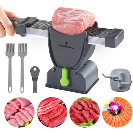 ONCE FOR ALL Meat Cleaver Slicer Knife Set, Stainless Steel Kitchen Knife with Sharpener, Meat Cutter for Pork Chicken Beef Jerky, Thickness Adjustable 2 or 4 mm, Gray