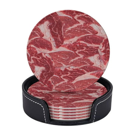 Meat Coasters With Leather Holder Set Of 6 Round Coasters for Home and Kitchen Decor