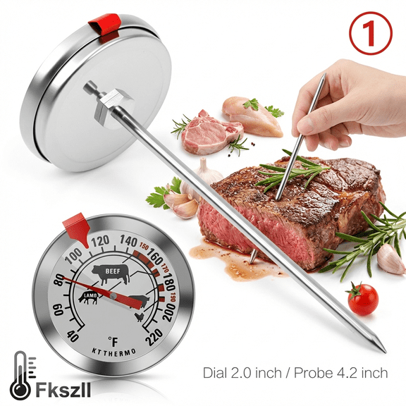 Meat Cooking Thermometer 40°F–220°F 304 Stainless Steel Kitchen Thermometer Safe Leave in Oven 2 Inch Extra-Large Temperature Labeled for Grilling Steak Fried Chicken Baking Bread