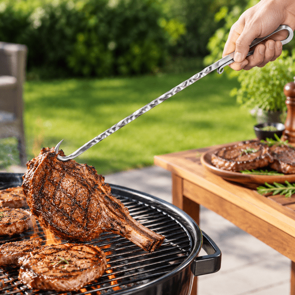 Meat Flipper, Grill Hooks for Turning, Heavy Duty Stainless Steel BBQ Turner Hooks with Long Handle for Flipping Ribs, Pork Shoulder, Roast on Smoker Grilling (Right Hand - B)