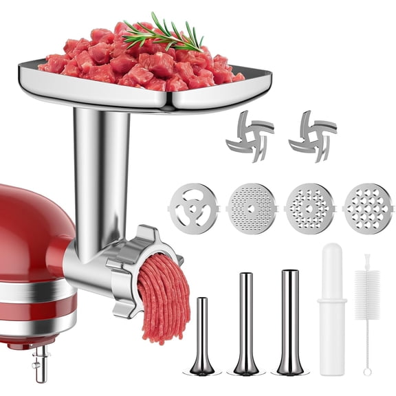 Meat Grinder Attachment for KitchenAid Stand Mixer, Metal Food Grinder for Kitchen Aid Includes 4 Grinding Plates, 3 Sausage Stuffer Tubes and 2 Cutting Blades