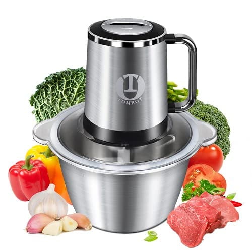 Meat Grinder Food Processor Chopper Electric Small with Handle, TOMBOT 8-Cup Mini Blender for Meat Vegetables Fruits Nuts Puree with Spatula & 4 Sharp Blades, 1.8L Stainless Steel Bowl,2 Speeds Y101