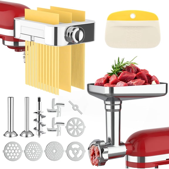 Meat Grinder Pasta Maker Attachment for Kitchenaid Stand Mixers,Set for Kitchenaid Mixer Attachments Includes Metal Food Grinder with Sausage Stuffer Tubes,3 in 1 Pasta Attachment,Dough Cutter