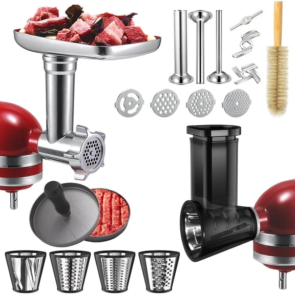 Meat Grinder&Slicer Shredder Attachments for KitchenAid Stand Mixer, Metal Food Grinder with Sausage Stuffer Tubes, Cheese Grater Attachment Salad Maker, Burger Press For KitchenAid Mixer Accessories