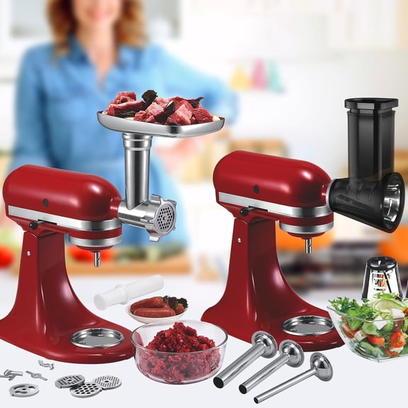 Meat Grinder & Slicer Shredder Attachments for  Stand Mixer - Metal Food Processor with Sausage Stuffer, Cheese Grater, Burger Press