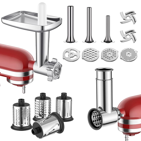 Meat Grinder & Stainless Steel Slicer Shredder Attachment for Kitchenaid Stand Mixer - Sausage Stuffer, Food Slicer, Shredder, Cheese Grater & Salad Maker by Cofun