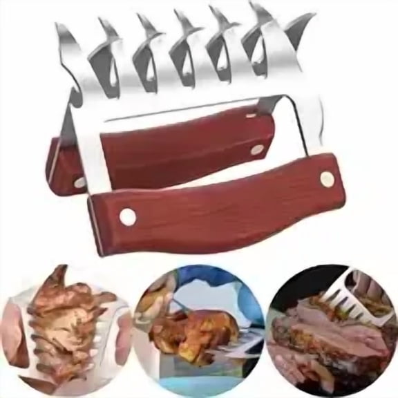 Meat Handler Shredder Claws Set Of 2 - Wood Stainless Steel BBQ Pulled Pork Paws For Shredding Handing Carving Food