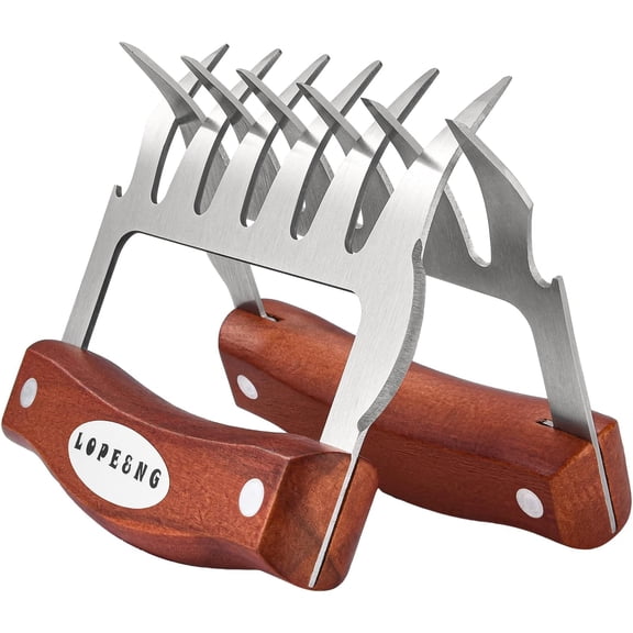 Meat Handler Shredder Claws Set Of 2 - Wood Stainless Steel BBQ Pulled Pork Paws For Shredding Handing Carving Food