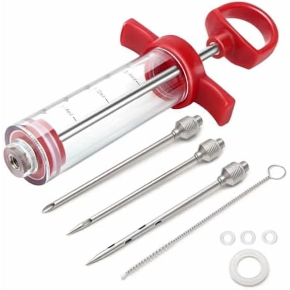 Meat Injector, 1-oz Plastic BBQ Marinade Injector Kit, Turkey Injector Syringe (3 Stainless Steel Meat Needles +3 Replacement O Rings + 1 Cleaning Brush) for Turkey Smoked BBQ Grill